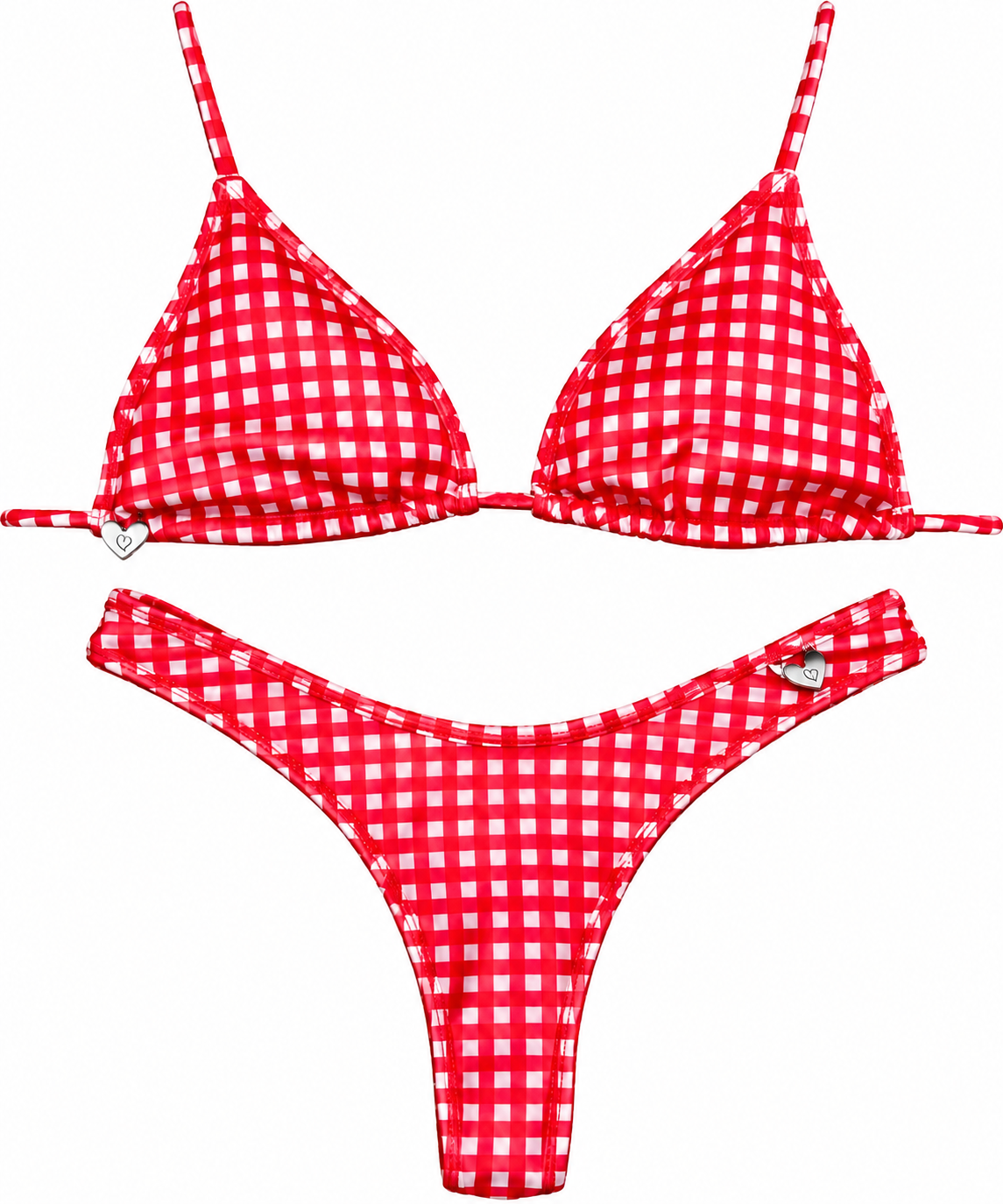 La bikini Amora, cuadrillé rojo y blanco con corpiño triangular y bombacha con detalles de corazón