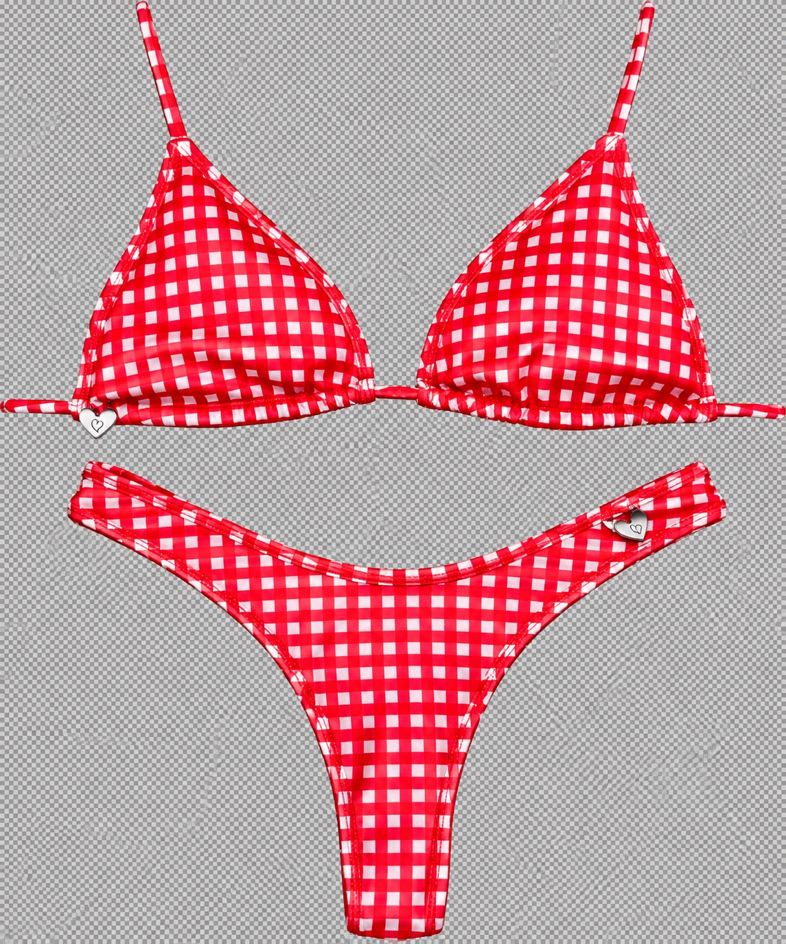 La bikini Amora, cuadrillé rojo y blanco con corpiño triangular y bombacha con detalles de corazón