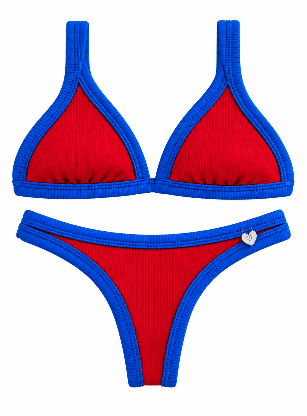 La bikini Aurora, roja con bordes azules, corpiño triangular y bombacha con laterales anchos