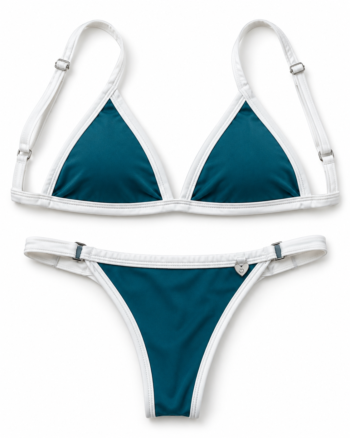 La bikini Brisa petróleo con bordes blancos, corpiño triangular y bombacha regulable