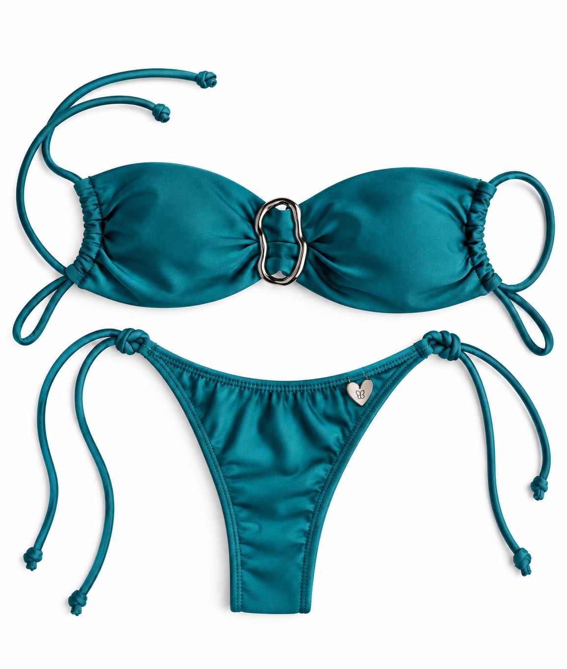 La bikini Íris Petróleo, con corpiño bandeau y detalle metálico central