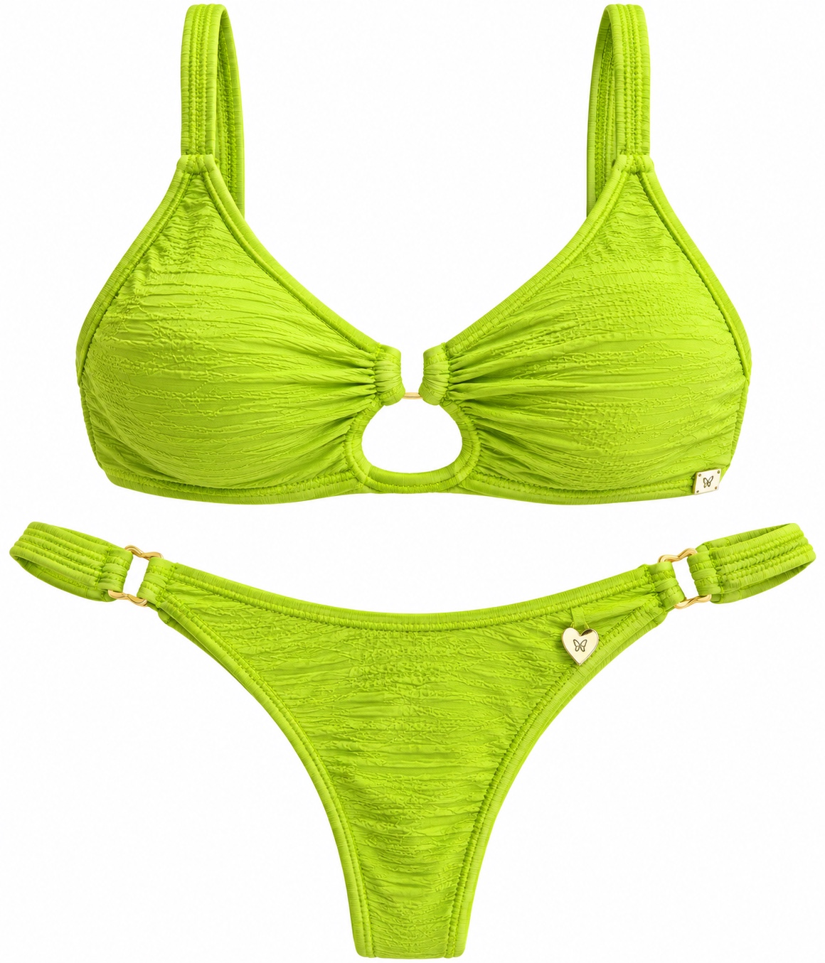 La bikini Lima, verde lima con textura, abertura central y argollas en la bombacha