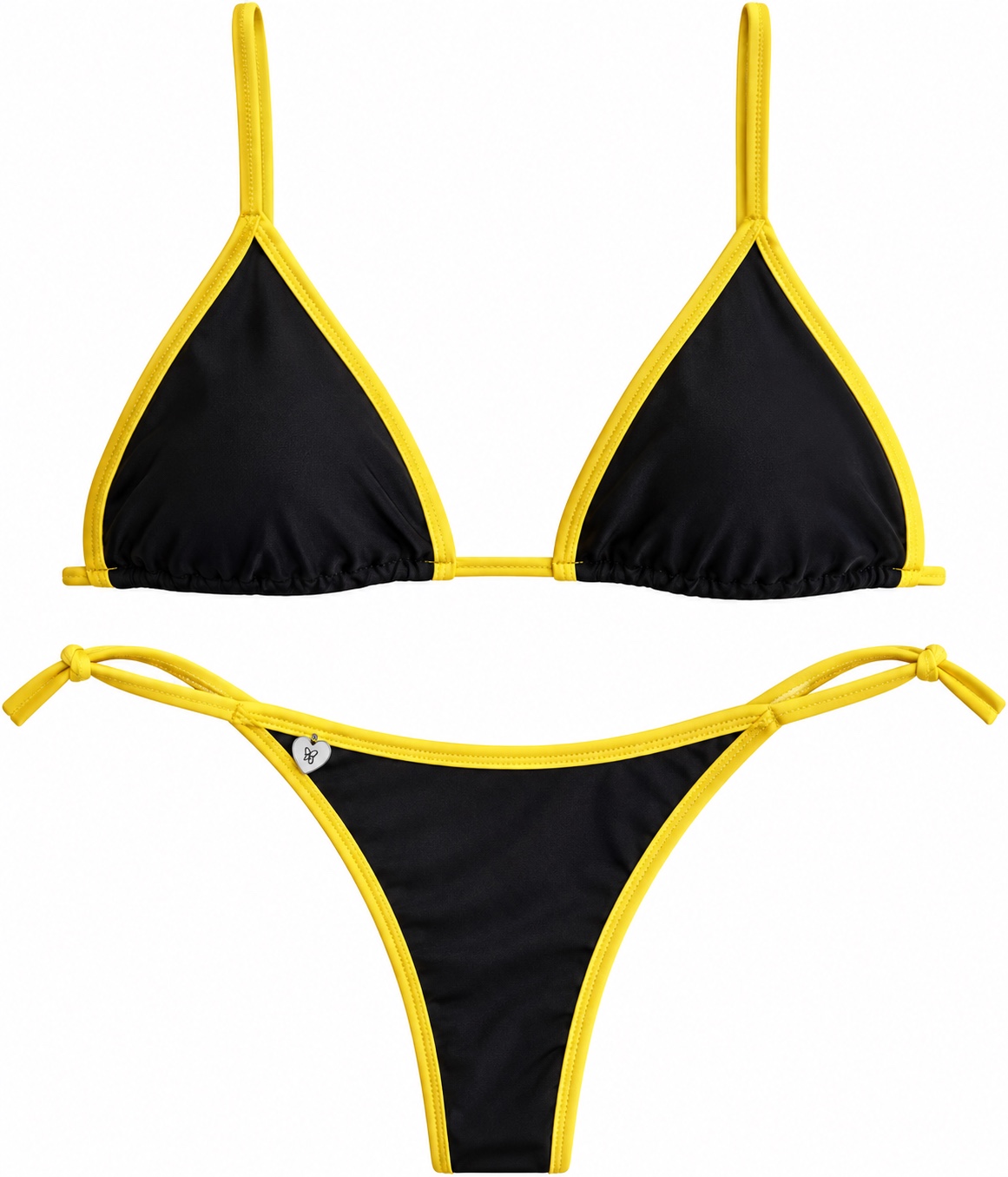 La bikini Solara, negra con bordes amarillos, corpiño triangular y bombacha para atar